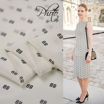 

Black and white fashion print pure silk crepe de chine silk fabric 138cm width,SCDC1187