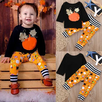 

Baby Suit Halloween Costume Long Sleeve Pumpkin Black T-shirt Cartoon Pants Two-piece Boy Suit Toddler Boy Clothes