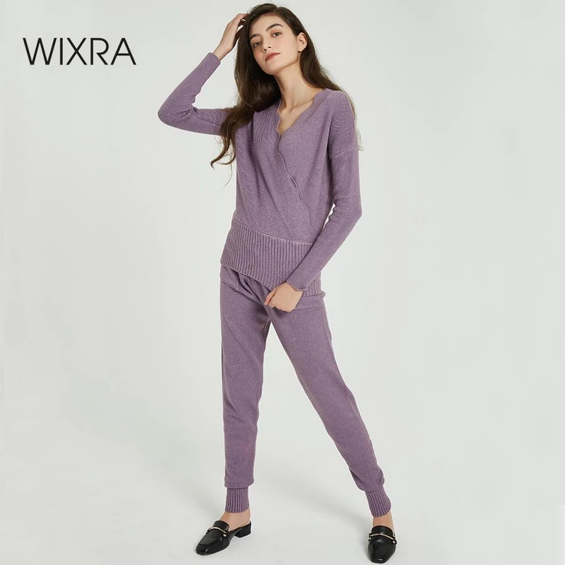 Wixra Vrouwen Trui Pak En Sets 2 Stuks V hals Past Vrouwelijke Kleding Set Casual Gebreide Jumper Tops + Broek