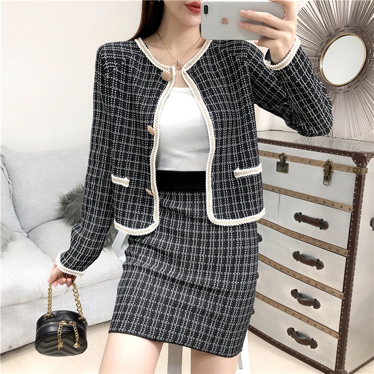 Autumn Women Two Piece Set Fashion Single Breasted Knitted Cardigans+ Bodycon Mini Skirt 2pcs Suit Female Elegant Set