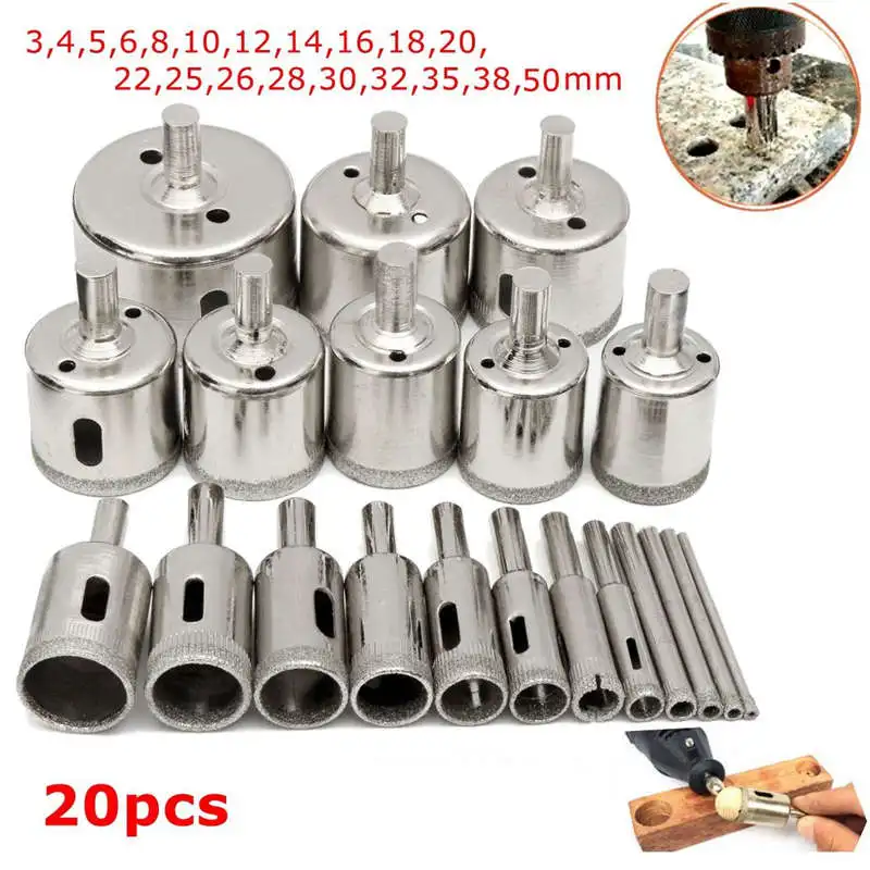 GTBL 20 Pcs 3-50mm Diamond Drill Bits Set Hole Saw Cutter Tool Glass Marble Granite