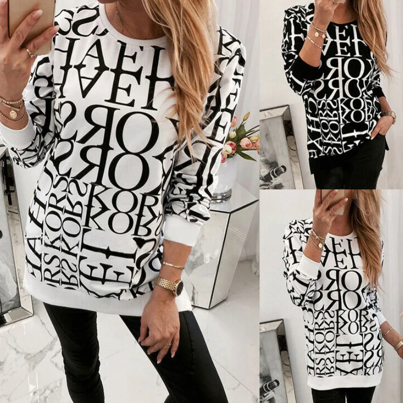 

Women's Long Sleeve Sweatshirt Letter Printed O Neck Office Ladies Fashion Loose Pullover Casual Tops Shirts