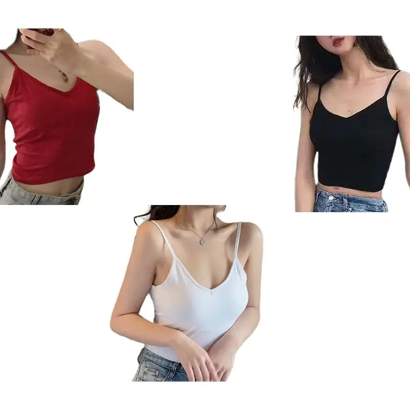 Женский летний топ на тонких бретельках, сексуальный топ с низким вырезом и открытой спиной, Одноцветный базовый топик, облегающий, съемный, мягкий жилет на бретельках