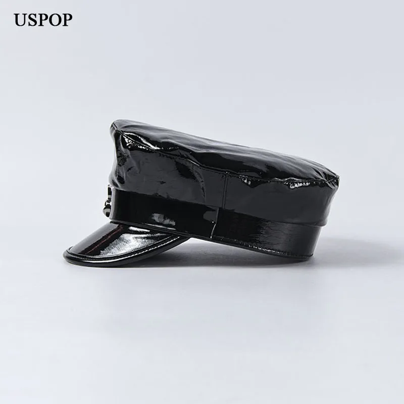 USPOP, дизайн, женские кепки, яркие, мягкие, ПУ, газетные кепки, черные, белые, плоский верх, козырек, кепки, модные, военные кепки