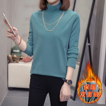 

COIGARSAM 4XL Plus Size blouse women Upset Add Wool Turtleneck blusas womens tops and blouses Blue Black 6837