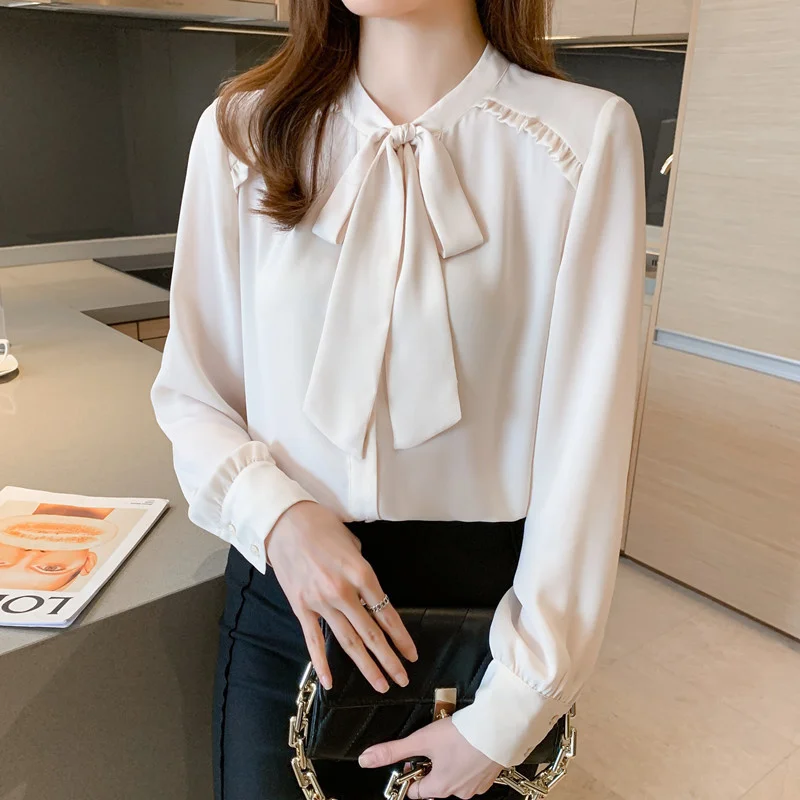 CMAZ 2021 Autumn New Style Wooden Ear Bow Lace-up Retro Hong Kong Chiffon Shirt | Женская одежда