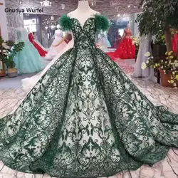 LS11091 зеленое вечернее платье Длинные кружевные цветы с открытыми плечами Милая перо рукав платье для выпускного вечера 50 см поезд оптовик