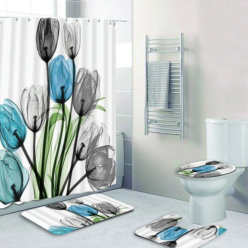 Set Tulip Shower Curtain Non-Slip Mat Bathroom Rug Toilet Cover Waterproof Decor 