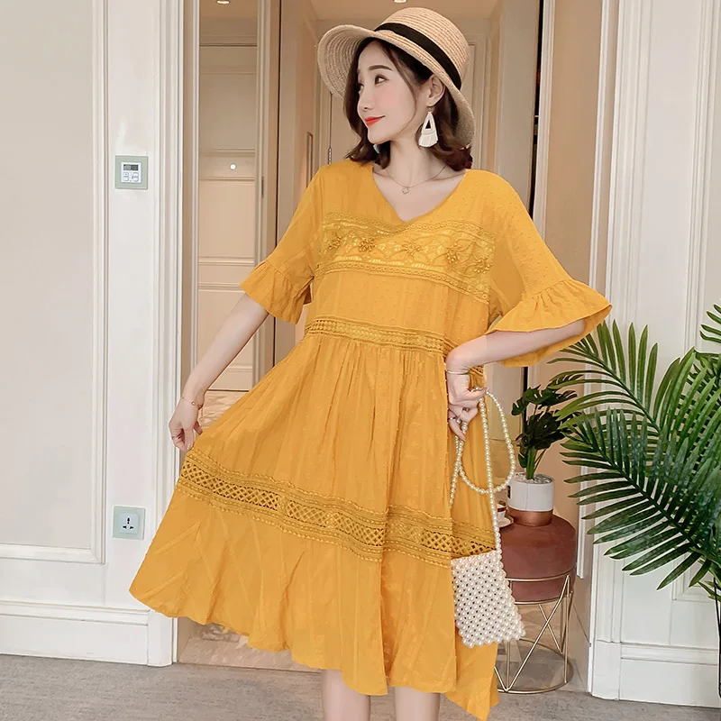 Yellow Летнее модное платье для беременных женщин с коротким Расклешенным рукавом и вышивкой, хлопковое милое платье для беременных - Цвет: Yellow