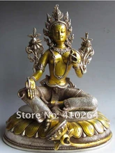 Envío Gratis 10,6 "estatua vieja dorada Tibet plata verde diosa tara(China)
