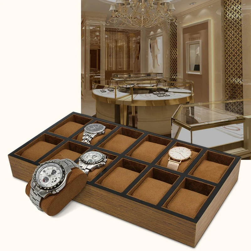 12 Slot Wood Lacquered Fabric Insert Cuff Jewelry Watch Display Organizer Storage Tray