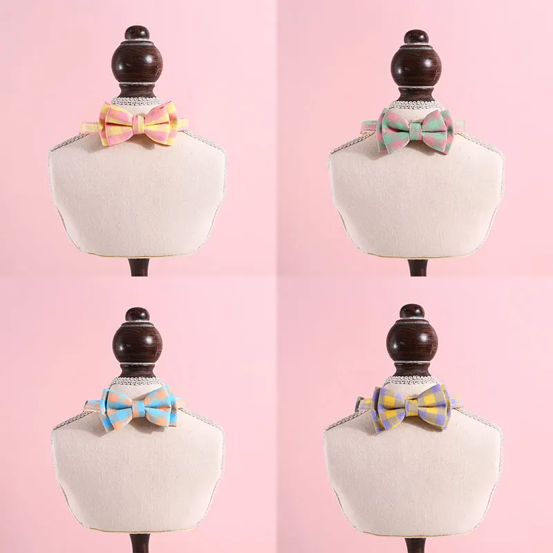 Cute Plaid Bow Cat Collar with Bell Cotton Bowknot Kitten Necklace Safety Buckle Adjustable Neck Tie For Dogs Cat Accessories