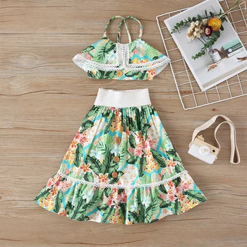 

Summer Girls Sets Matching Skirt Printing Fashion and Strappy Top