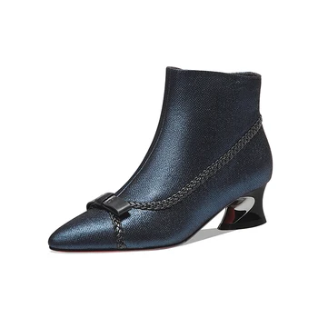 

Elegant Sheepskin Leather Fashion Women's Boots Zipper Concise Quality Chunky Heels Pumps Working Basic Shoes Woman