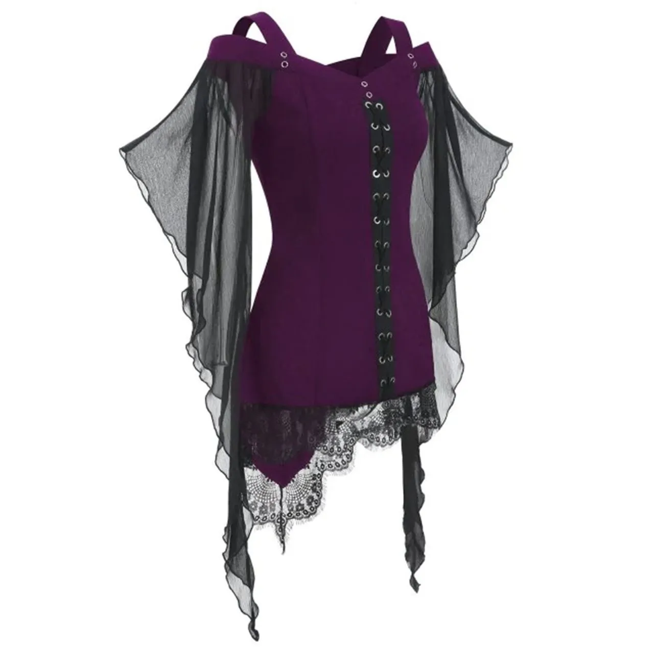 

Women Cold Shoulder Plus Size Blouse Gothic Cross Butterfly Sleeve Lace Blouse Patchwork Casual Lace Up Solid Goth Blouse