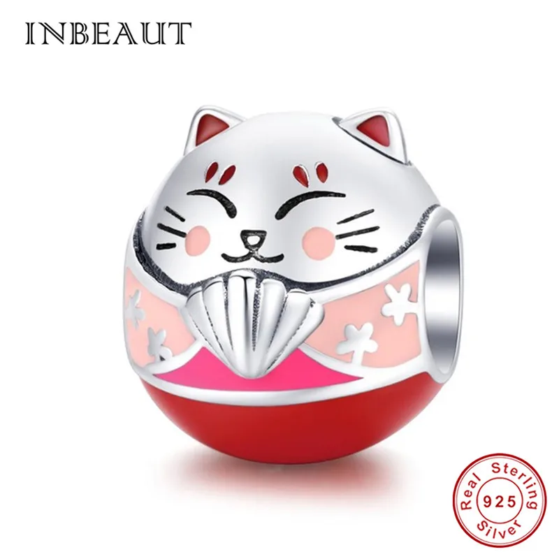 INBEAUT оригинальные бусины кошка fit Pandora браслет 925 пробы серебро счастливый Красный Эмаль Scarlf подвески в виде животных DIY ювелирные изделия