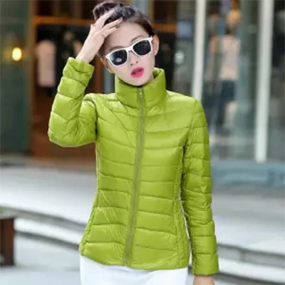 Darkgreen Однотонные короткие тонкие пуховые пальто со стоячим воротником для женщин, осенне-зимние теплые пальто мягкого размера плюс, женские модные простые тонкие пуховые пальто - Цвет: Darkgreen