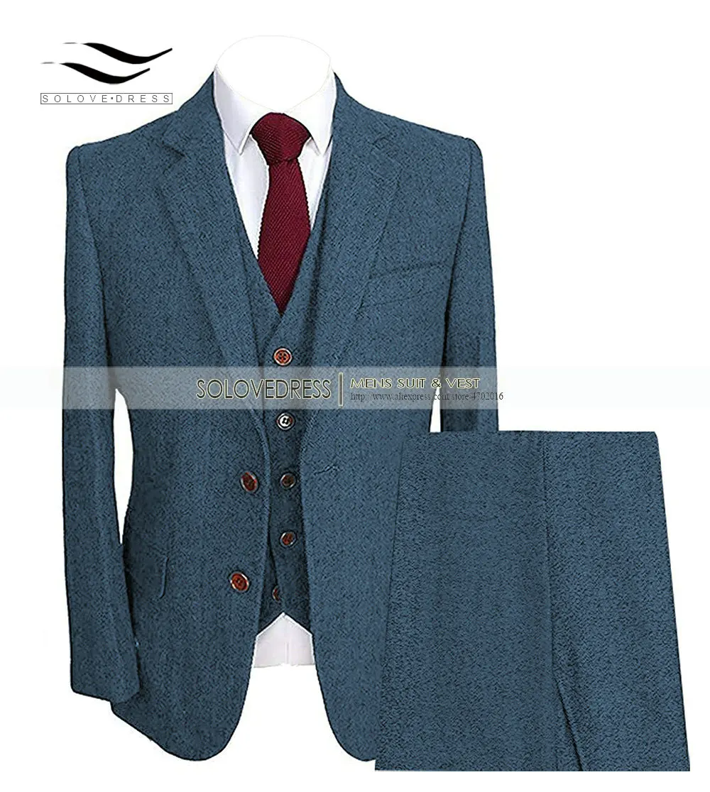 Light blue Notch толстом каблуке с узором «елочка» Для мужчин костюмы деловое шерстяное твидовое комплект из 3 предметов деловой смокинг с отворотами, Блейзер Slim Fit зимний костюм для жениха - Цвет: Light blue