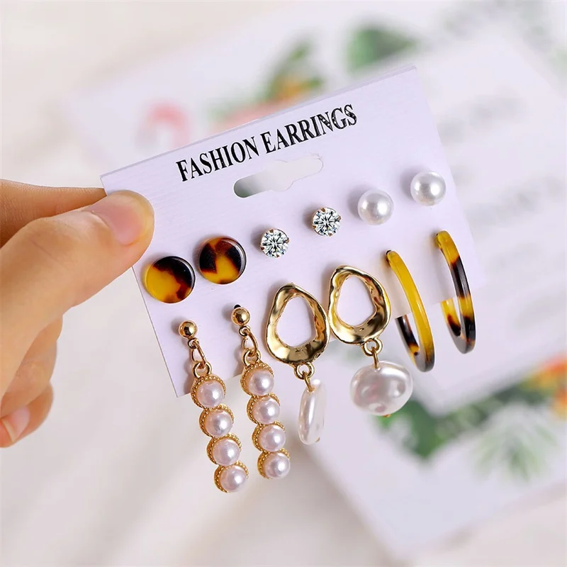 

KISSWIFE 6 Pairs/Set Bohemian Vintage Simulation Pearl Stud Earrings Set For Women Gold Geometric Earring 2019 New Jewelry