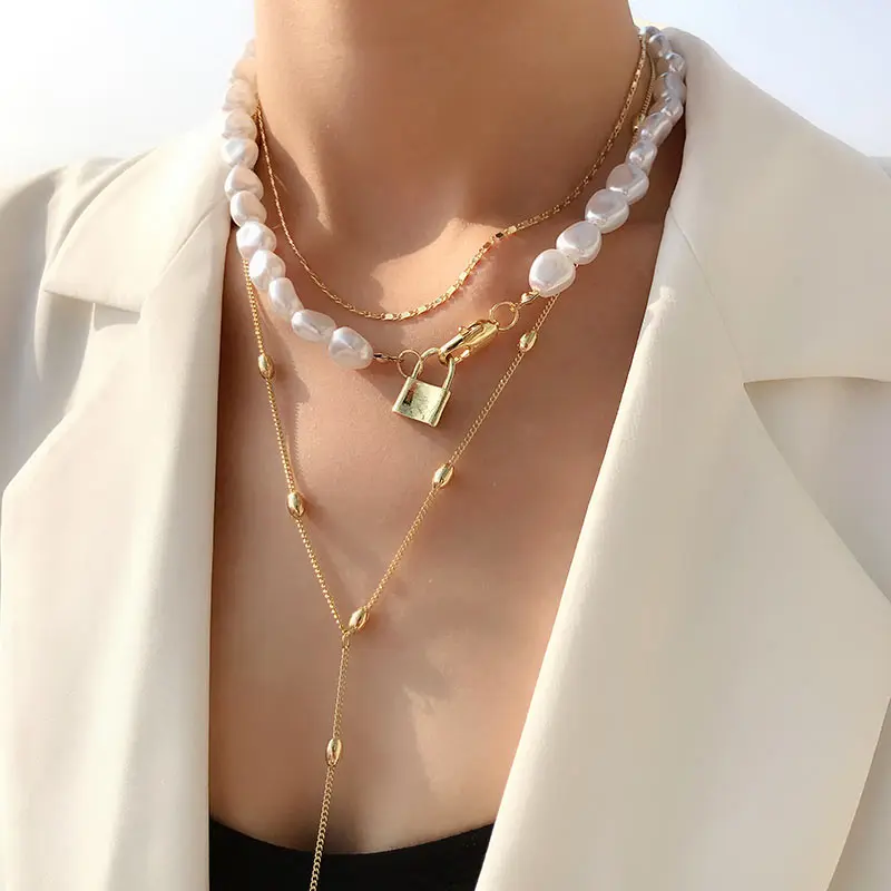 JUST FEEL 3Pcs/Set Punk Multi Layer Imitation Pearl Choker Necklace Collar Boho Lock Penadnt Long Chain Necklace Women Jewelry