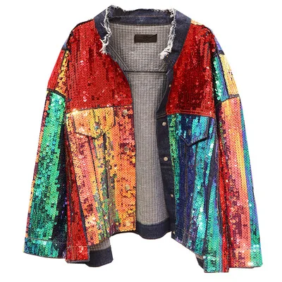 Color sequins Осень Новая модная цветная джинсовая куртка с блестками женская уличная Модная брендовая Свободная джинсовая куртка большого размера с длинным рукавом пальто - Цвет: Color sequins
