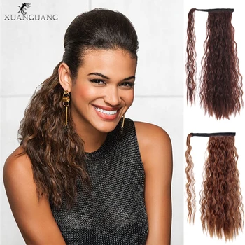 

XUANGUANG Women Long Wave Real Natural Ponytail Clip in Ponytail Hair Extensions Wrap Around on Synthetic Hair Piece