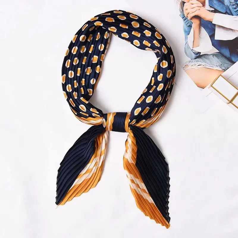 

Small Crinkle Dot Silk Scarf For Women Crumple Neck Wear Pleated Handkerchief Foulard Femme Bandana yellow 55*55cm