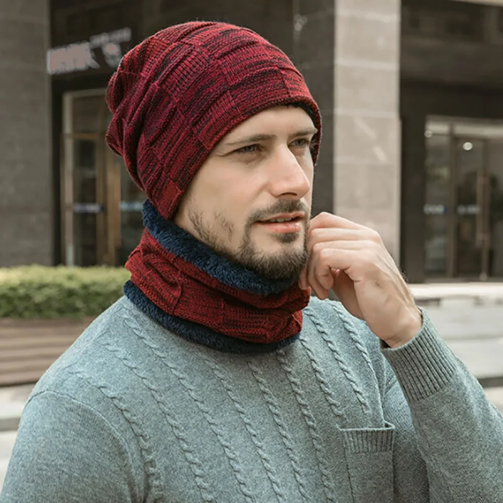 Высокое качество шапочка-шарф набор для мужчин осень зима пушистый вязаный шапка шеи Теплый головной убор