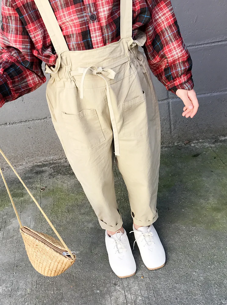 new autumn item girl fashion suit including plaid shirt+suspender pant 2pcs per set