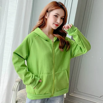 

Women Solid Color Sweatshirt Zip-up Long Sleeve Hooded Loose Casual Female Fashion Pockets Sweatshirt