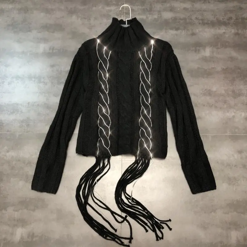 

New diamond chain weaving flower twist tassel rope turtle neck long sleeve knit sweater