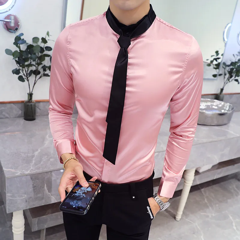 New Fashion White Dress Shirts Men Tie Long Sleeve Casual Formal Shirt Man Slim Fit Wedding 5