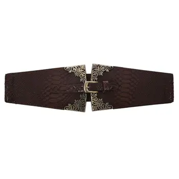 

New Lady Women Elastic Waistband Wide Waist Belt Retro Metal Buckle Faux Leather Coffee