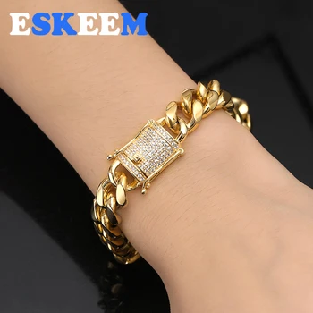 

Ice Out CZ Clasp 12mm Plain Hip Hop Jewelry Stainless Steel Cuban Link Bracelet Multi Lengths Miami Bracelet