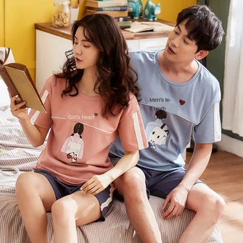 

Couples Pajamas Summer Short-sleeved Pure Cotton Nightgown Women's Cotton Men Korean-style Online Celebrity Hot Selling Set