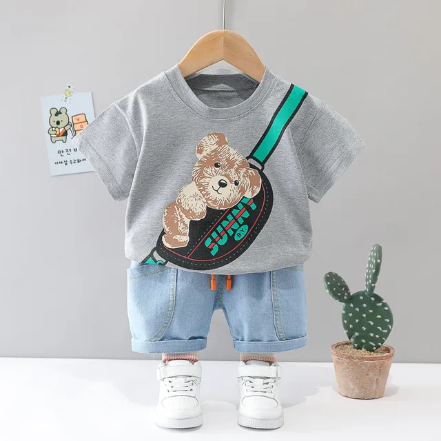 Children Clothes Fashion Summer Baby Girls Clothing Boys Sports T-Shirt Shorts 2Pcs/Sets Toddler Cotton Costume Kids Tracksuits Gray
