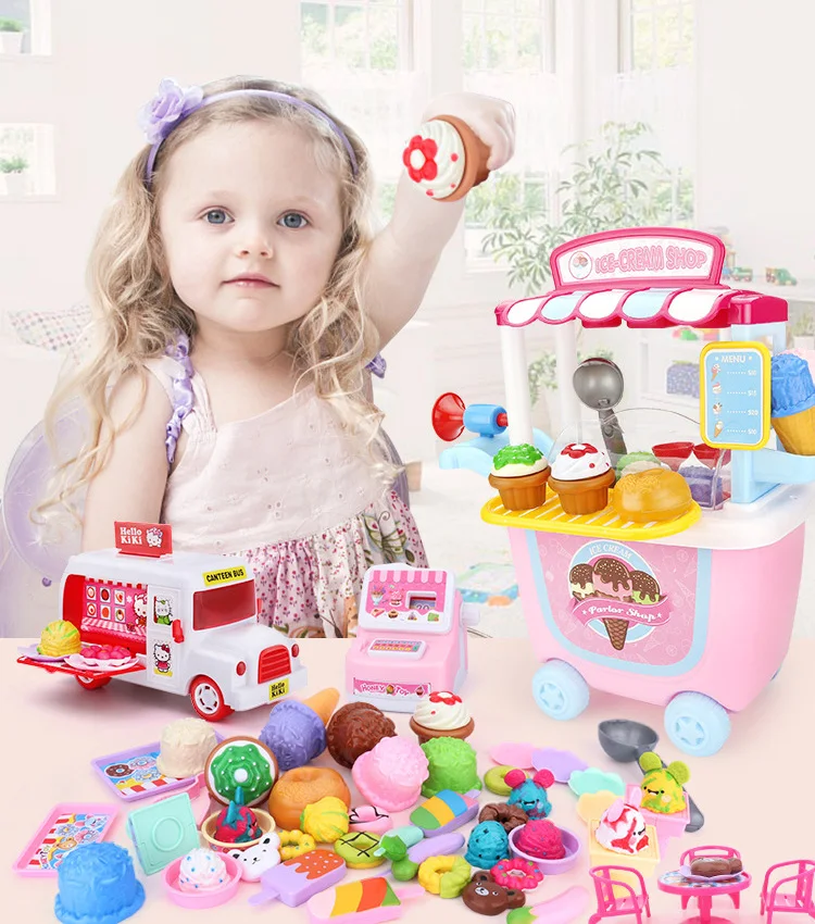

Mini Ice Cream Candy Trolley House Cash Register Play Educational Toys Icecream Car Toys Flash and Music Kitchen Toys for Kids