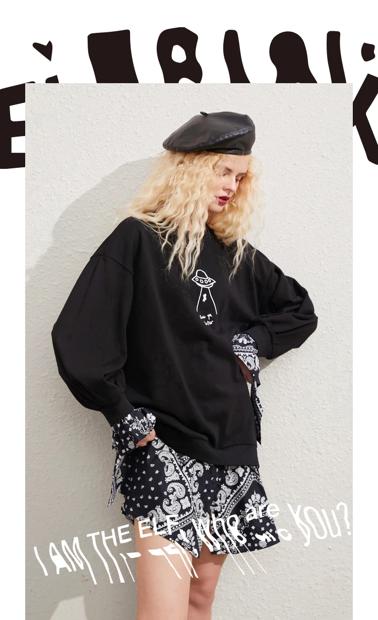 ELFSACK Black Graphic Print Casual Mini Dress Women,2020 Autumn ELF Vintage Full Sleeve Patchwork ,Korean Ladies Daily Dresses