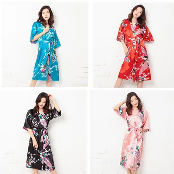 

Japnese Traditioanl Kimono Pajamas Women Girls Asian Peacock Print Wedding Yukata Robe Satin Silk Cardiogan Sexy Nightgown Dress