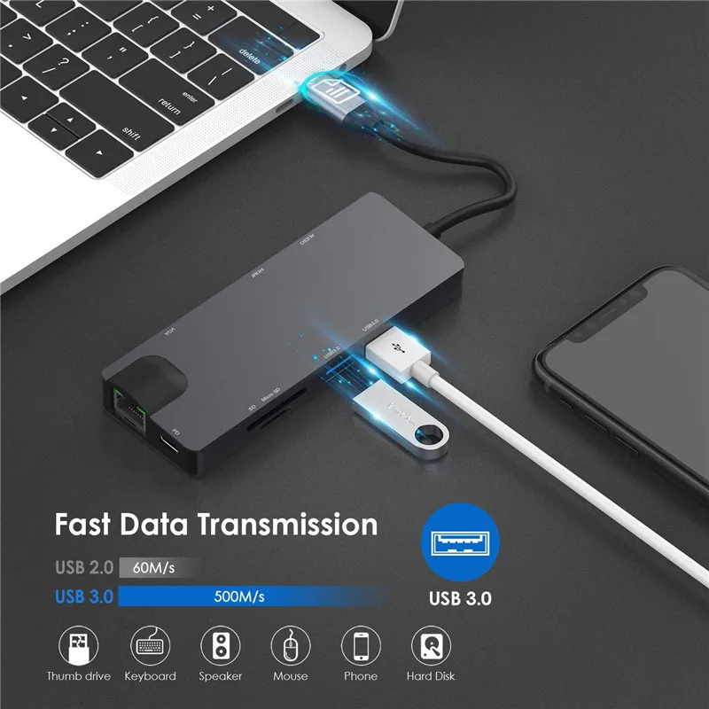 8 in 1 USB 3.0 Hub Type-C Multifunctional Dock Station Rj45 HDMI VGA PD Gigabit Ethernet Network Adapter Splitter Card Reader