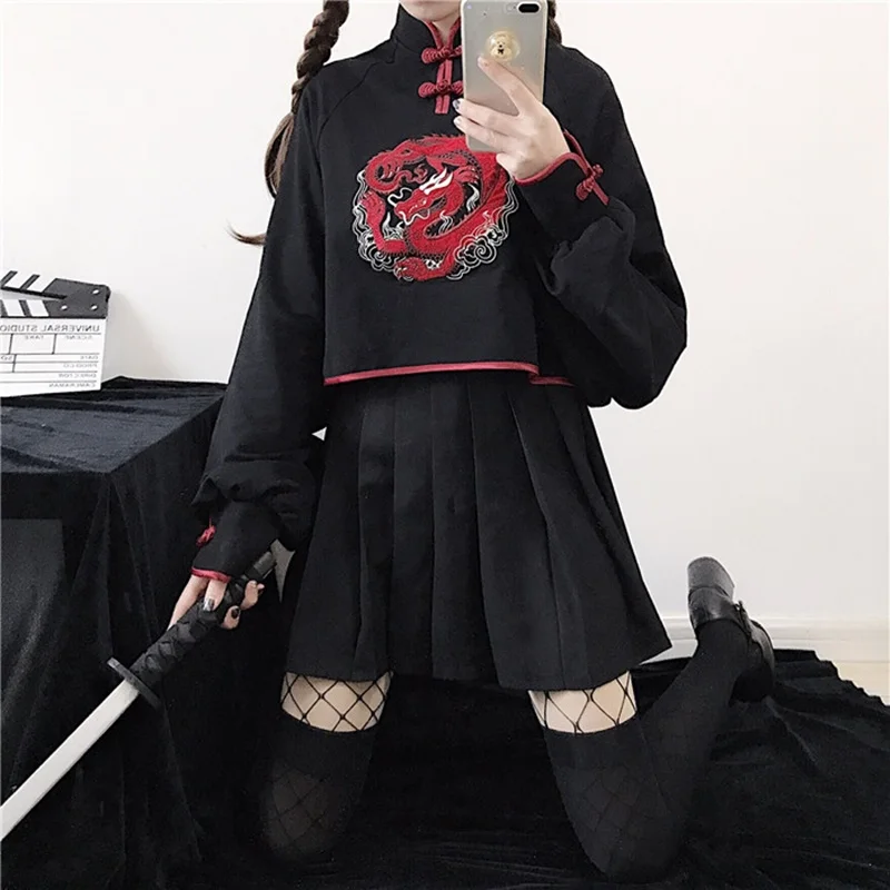 Японское кимоно стиль черный Harajuku Мори девушки дракон вышивка с длинным рукавом Cheongsam Толстовка для женщин каваи Qipao Топ FF2275