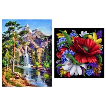 

2 Set Diamond Embroidery Flower Pictures Diamond Painting-Beautiful Bright Flowers & Landscape Under Pine Trees