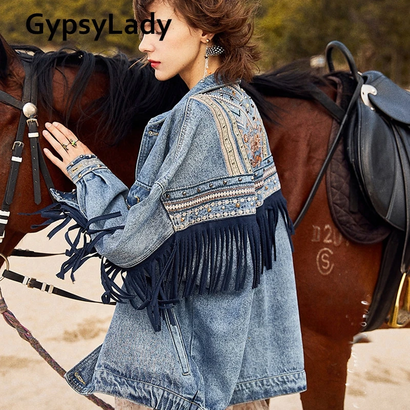 GypsyLady винтажная Бохо джинсовая куртка оверсайз Женская Цветочная вышивка