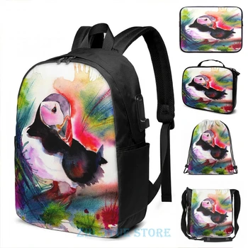 

Funny Graphic print Puffin USB Charge Backpack men School bags Women bag Travel laptop bag