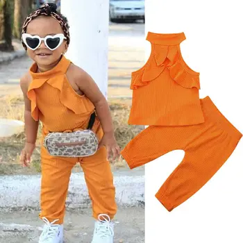 

New Lovely Toddler Kid Ruffles Solid Sleeveless Tops+Long Pants Baby Girl Clothes Sets Outfits 2pcs Set