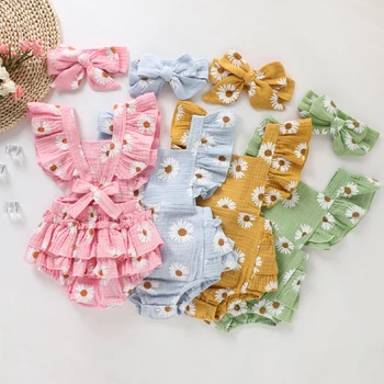 

2PCS Infant Baby Girls Ruffle Bowknot Sunflower Pattern Romper Jumpsuit Outfits Set Newborn Clothes Summer Sunsuit 0-24M