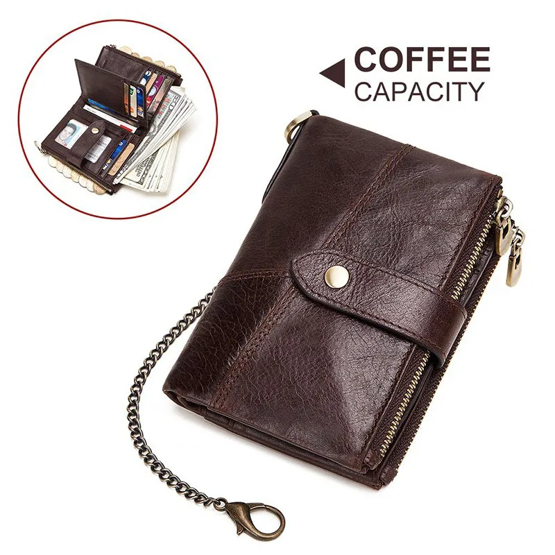 GZCZ Rfid Genuine Leather Rfid Men Wallet PORTFOLIO Wallets Chain Coin Purse Short Male Money Bag Card Holder Small portomonee - Цвет: Coffee M Chain