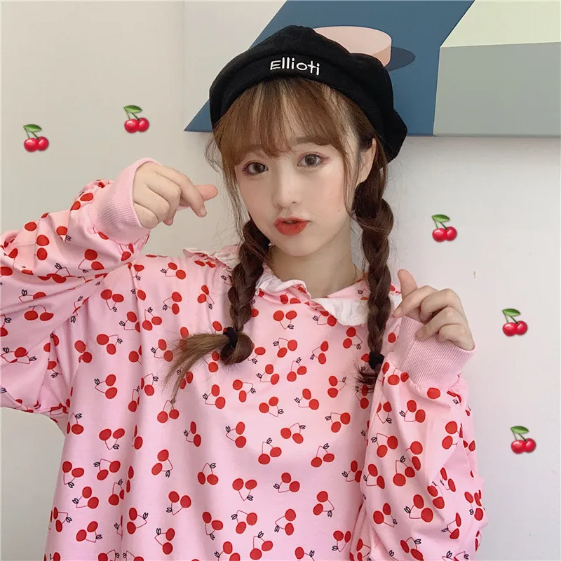 Корейская японская Лолита с оборками с капюшоном Kawaii милый Вишневый принт свободная Лолита Студенческая девушка Женская Толстовка Пуловер толстовки розовый