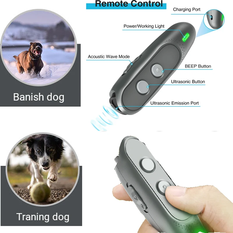 Dispositivo contra ladridos ultrasónico de mano para perros, repelente de perros y herramientas de entrenamiento con linterna LED, segura para perros pequeños, medianos y grandes