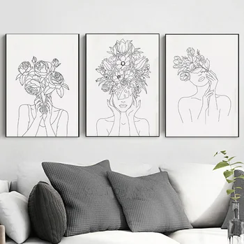

Plant Head Woman Art Print Woman With Plants Flower Minimalist Black and White Nordic Wall Pictures For Living Room Home Decor